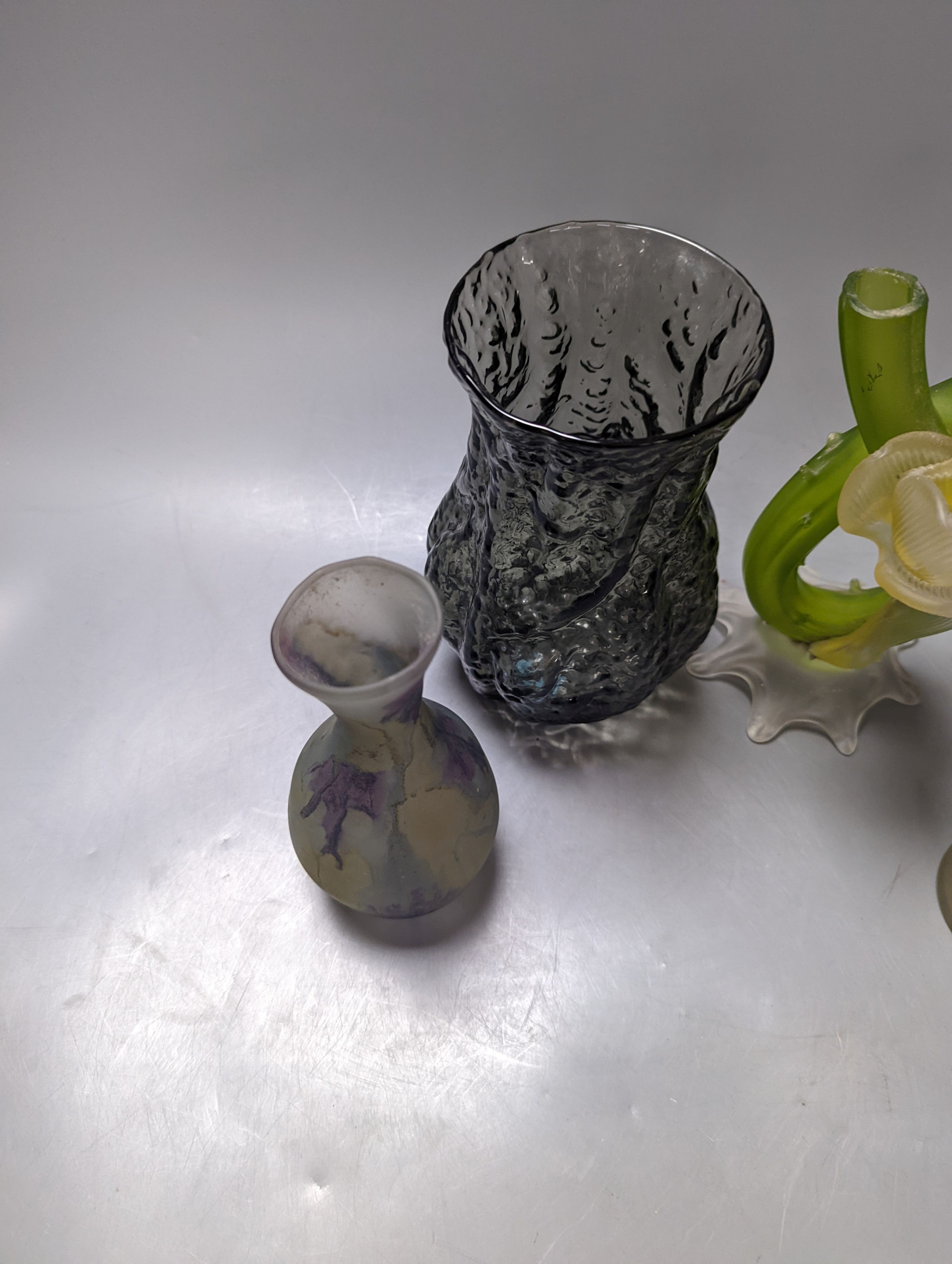 A Whitefriar's glass vase and three glass ornaments 20cm